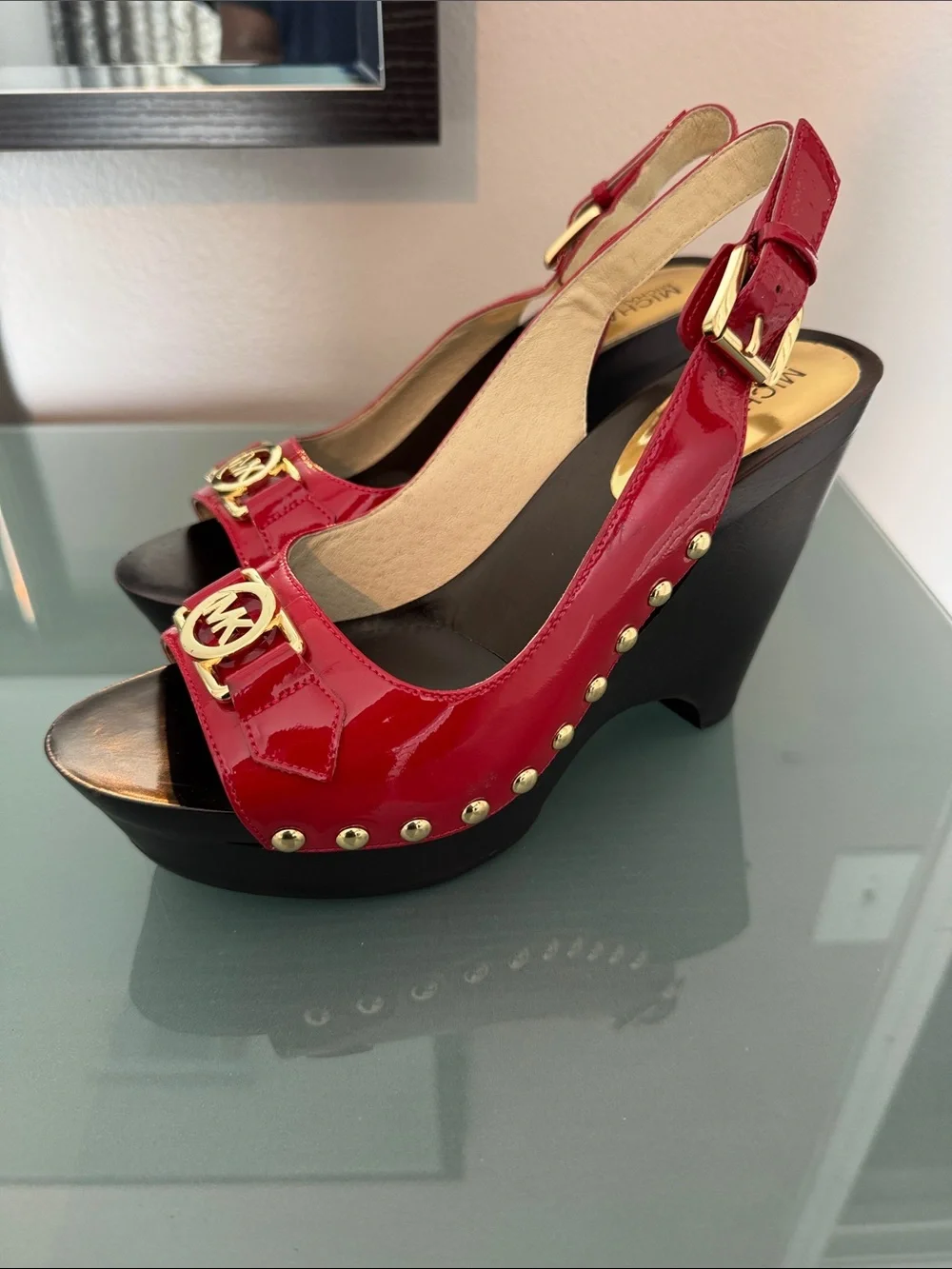 Michael Kors Red Patent Leather Open-Toe Slingback Heels with Gold MK Accent